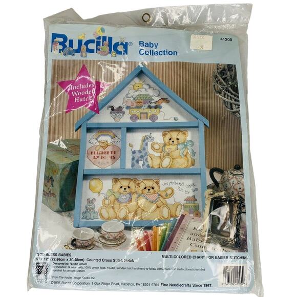 BUCILLA Baby Collection God Bless Babies Bear Cross Stitch Kit Hutch 9 x 12 New - Picture 9 of 11